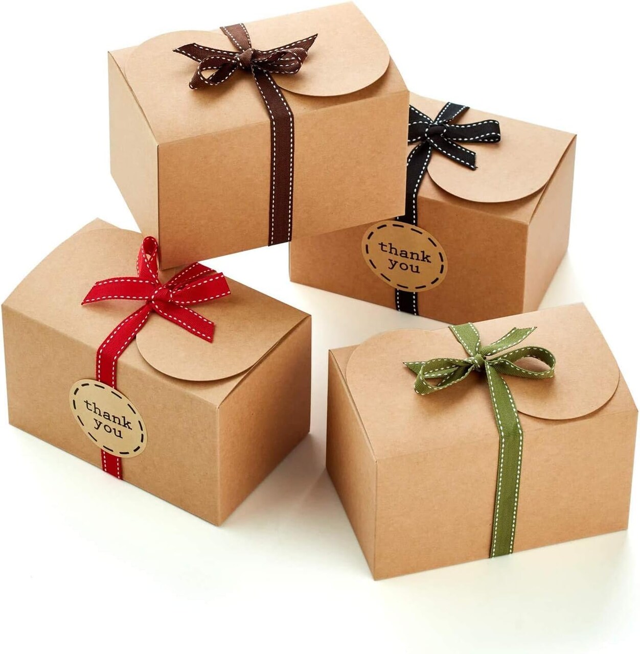 Brown Kraft Cookie Boxes with Ribbons & Stickers (20 Pack) 6.5” x 4” Small Cardboard Gift Boxes for Gift Giving, Baked Goods, Candy, Christmas, Decorative Food Packaging, Bakery Treats, Empty, Bulk